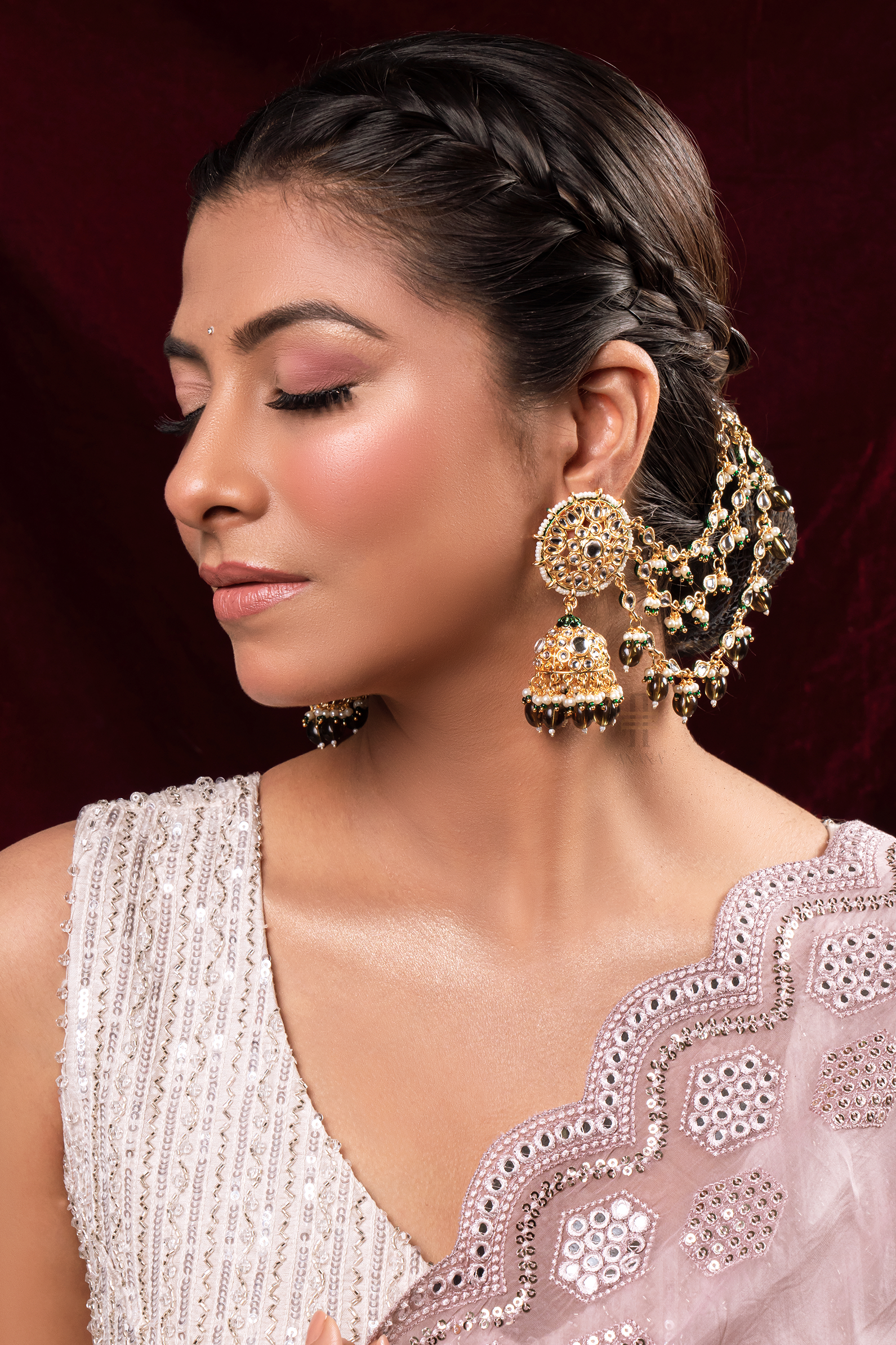 Kundan Droplet Kaan/Ear Chain Earrings | aim-couture